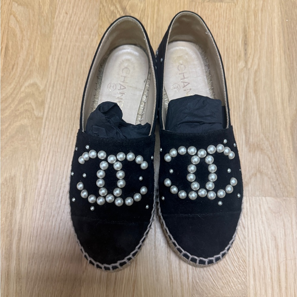 CHANEL Black Espadrilles with Pearl Accents
